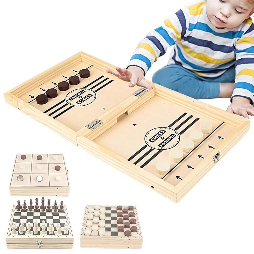 Professional Portable Winner Board Game - Wood Sling Puck Chess Checkers 